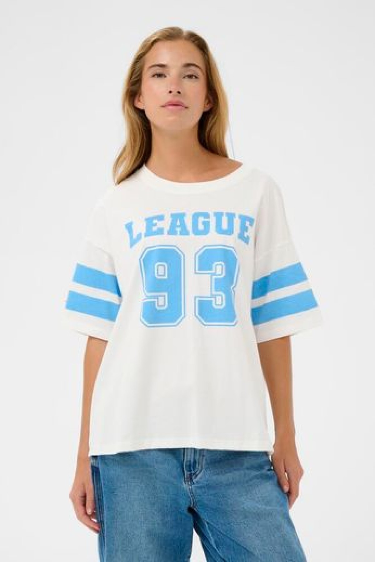 White cotton T-shirt featuring a light blue print