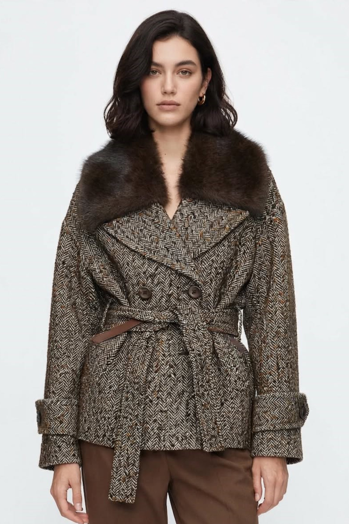 Cropped Tweed Jacket with Faux Fur Collar and Belt