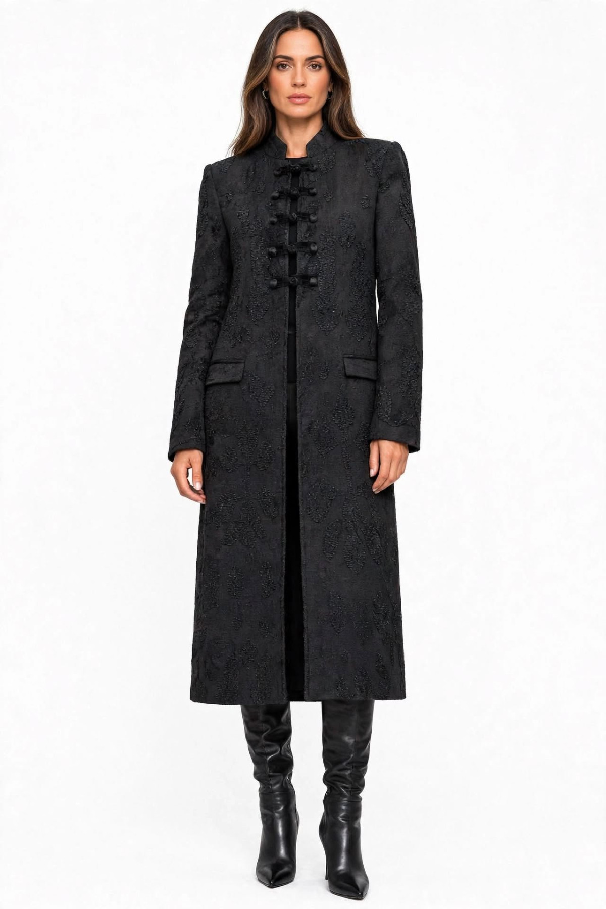 Embroidered Jacquard Long Coat with Frog Closures