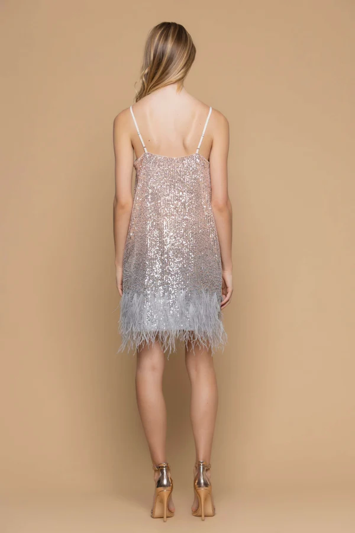 MINI DRESS WITH SEQUINS AND FEATHERS