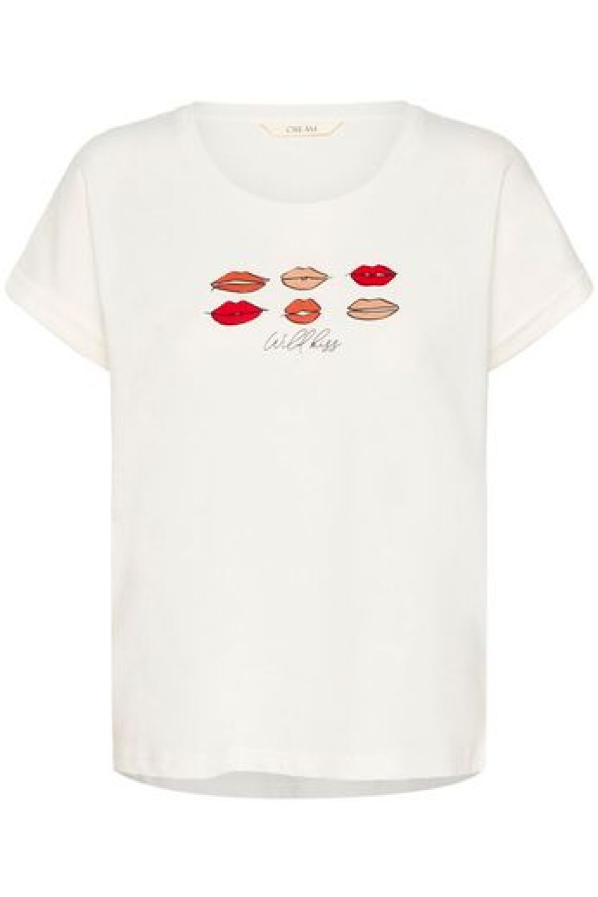 White cotton T-shirt featuring a lips print. Two colors