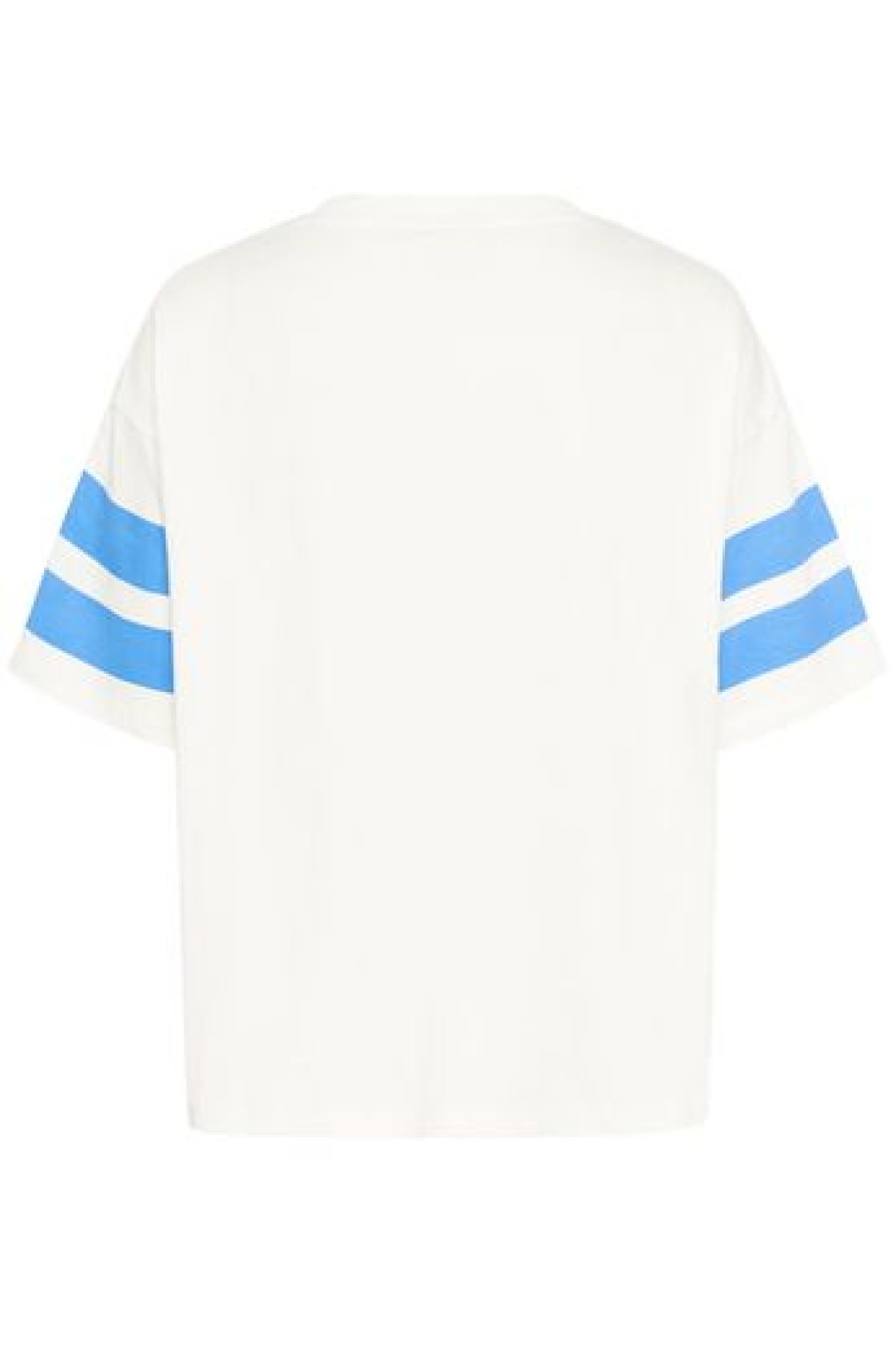 White cotton T-shirt featuring a light blue print