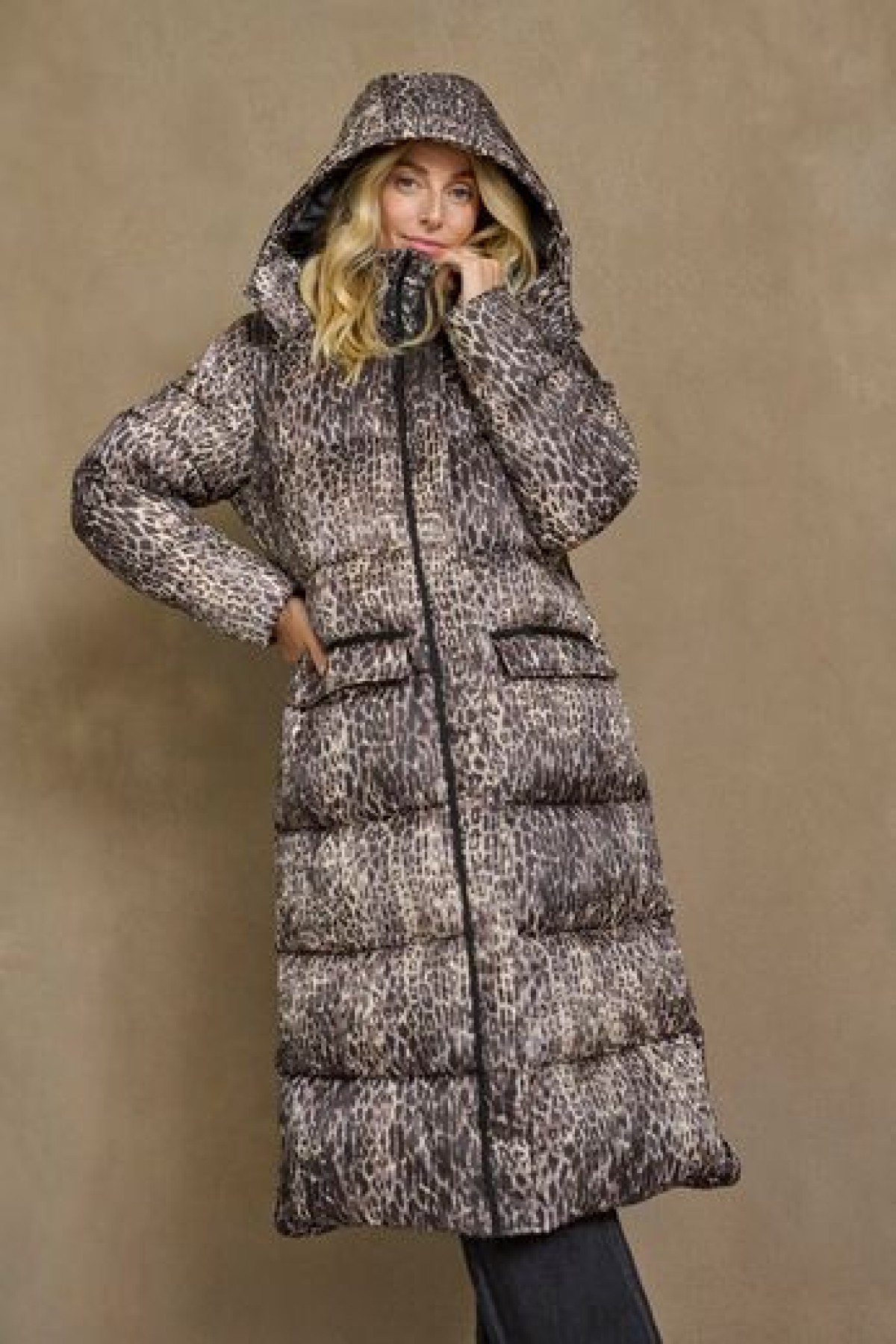 ANIMAL PRINT LONG COAT WITH HOOD