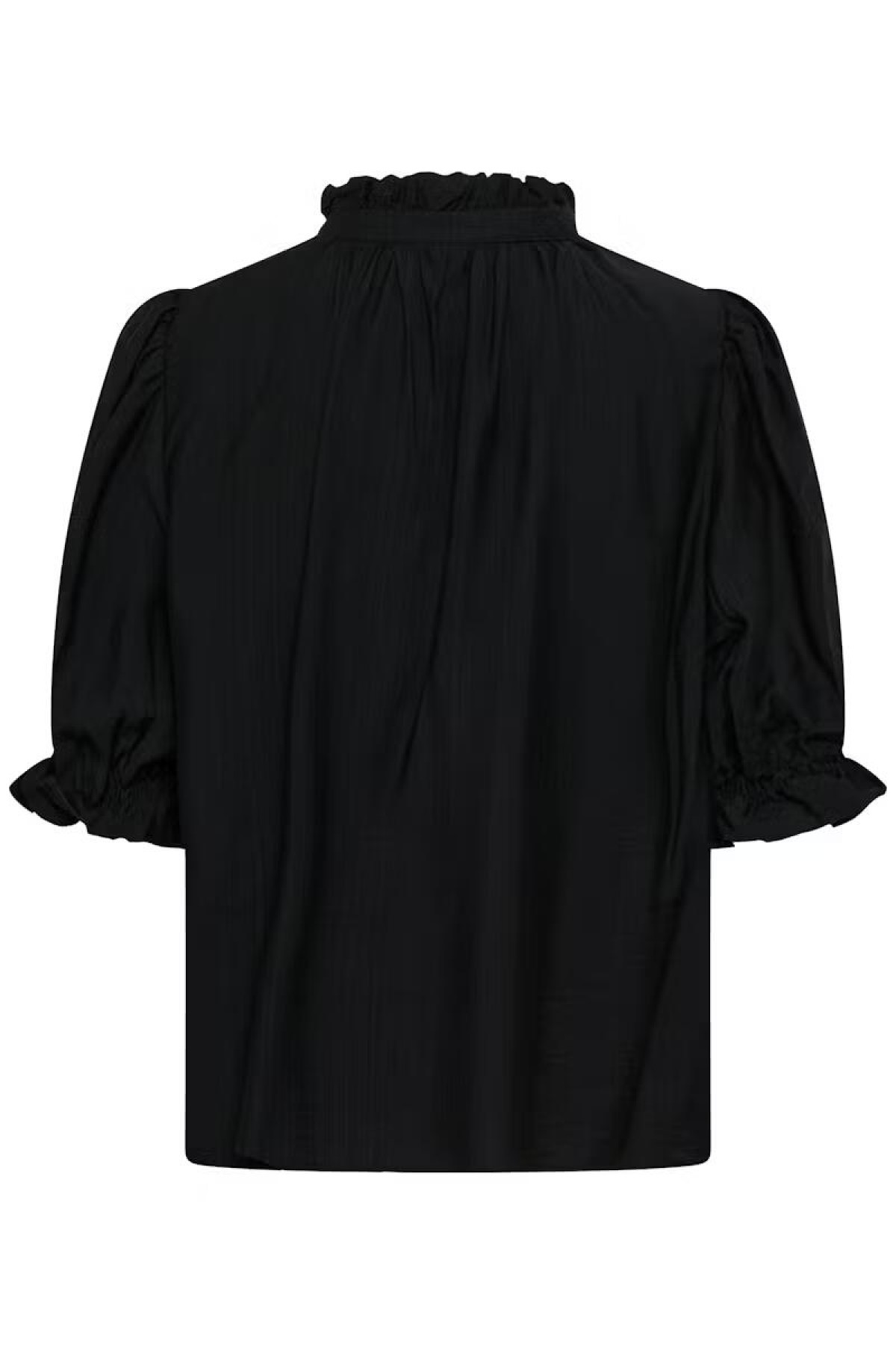 Short sleeves blouse, It features a high ruffled neckline with  tie detail at the front.