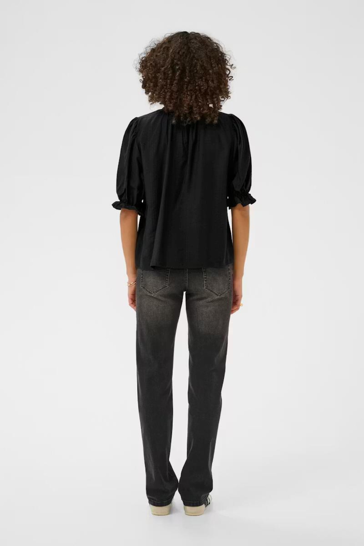 Short sleeves blouse, It features a high ruffled neckline with  tie detail at the front.