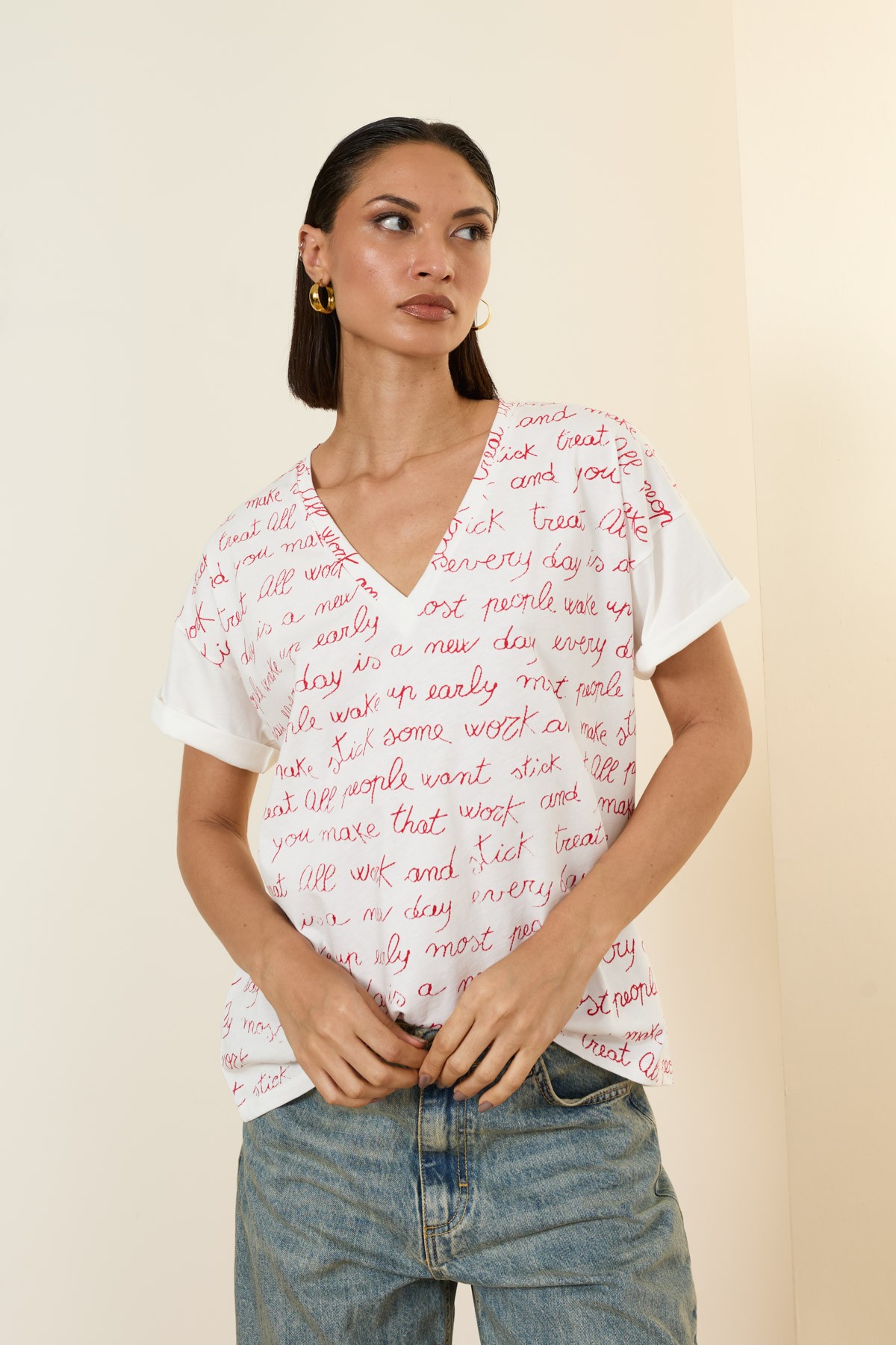 T-SHIRT ΜΕ ΣΤΑΜΠΑ / ΔΥΟ ΧΡΩΜΑΤΑ, ΛΕΥΚΟ ΜΕ ΚΟΚΚΙΝΟ ΚΑΙ ΛΕΥΚΟ ΜΕ ΜΠΛΕ
