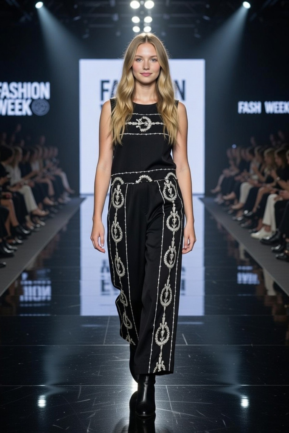 Sleeveless top with  white embroidery, wear it with the matching pants.