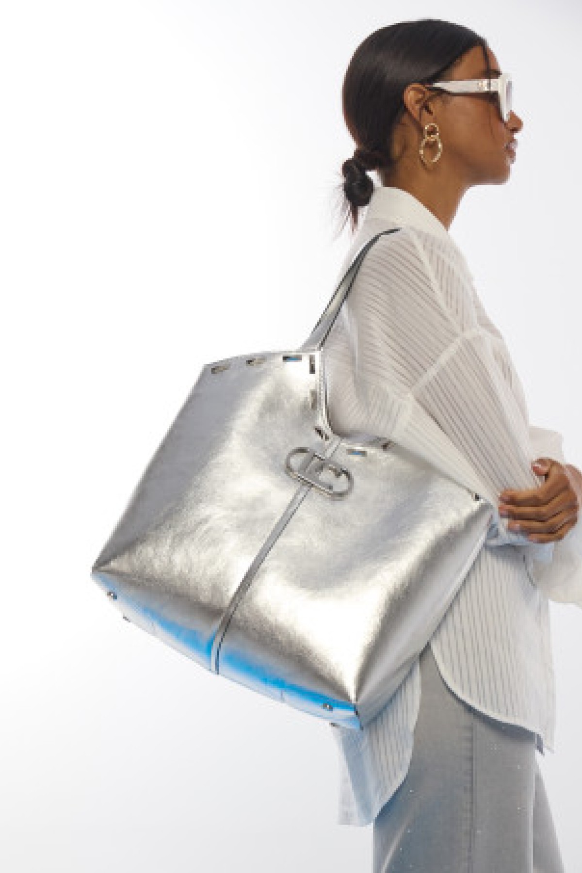 Metallic silver shopper bag