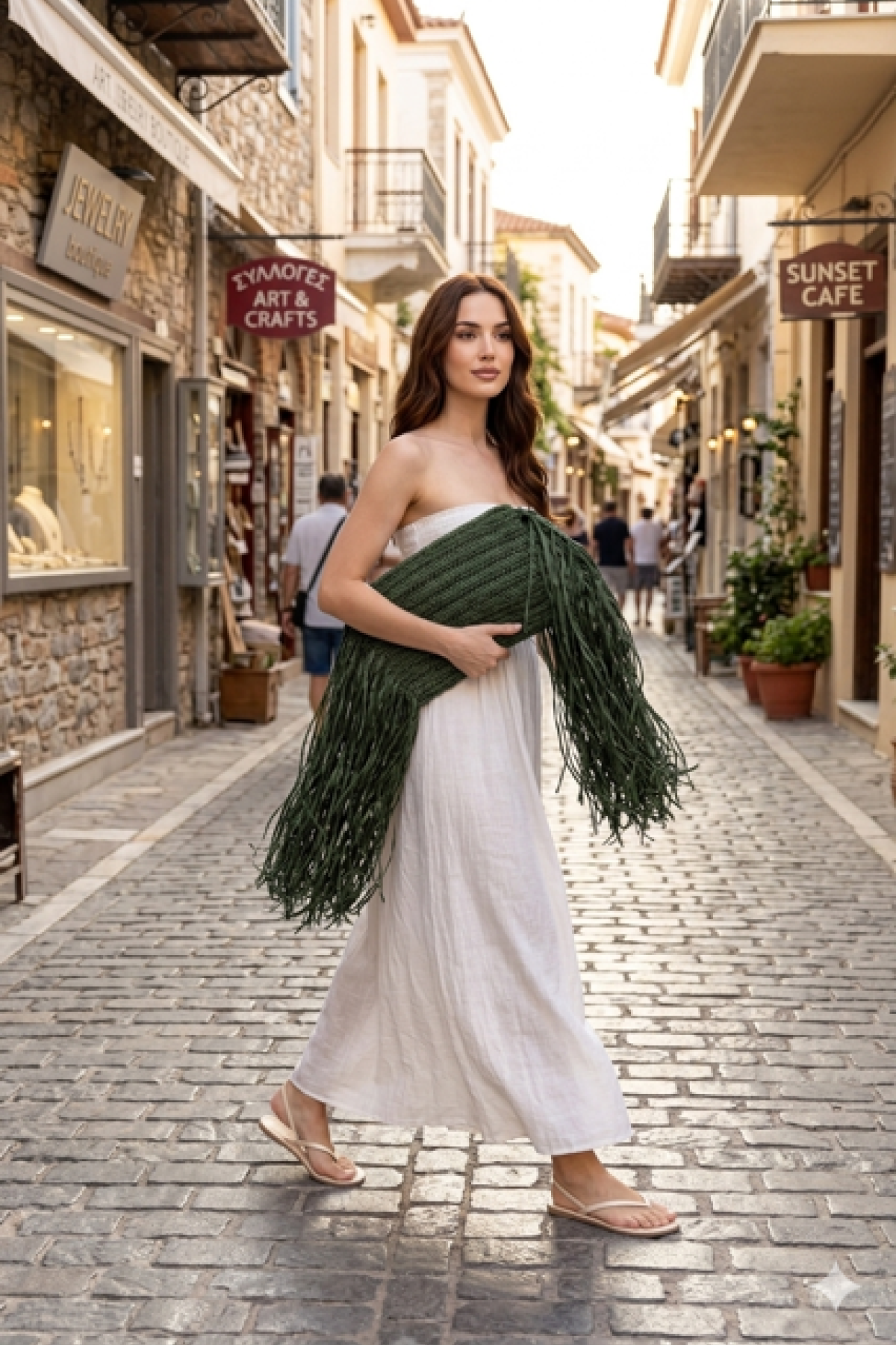 Πλεκτό Clutch  από ψάθα (Raffia Style) με μακριά πλαϊνά κρόσσια  στην ίδια απόχρωση.