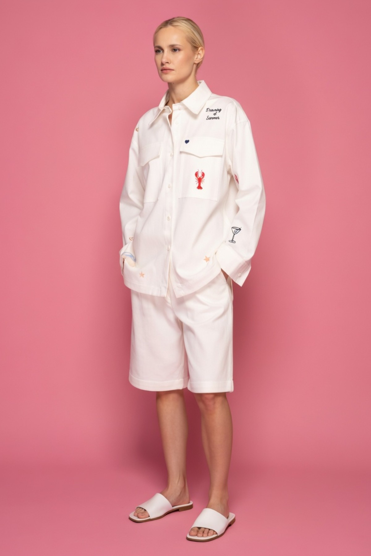 Οversized λευκό πουκάμισο/jacket με  πολύχρωμα κεντημένα patches