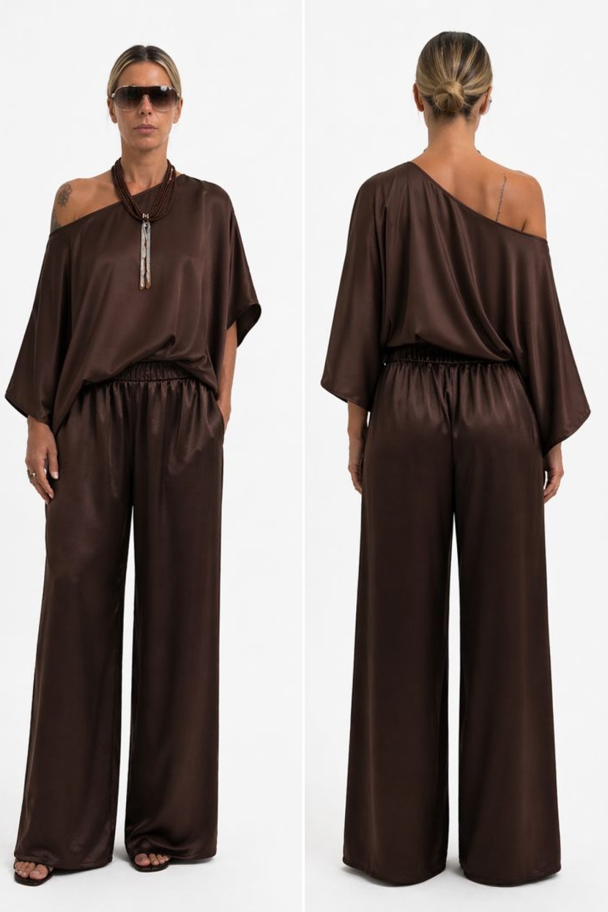 Loose fit pants with elastic waist band.  Wear it with the matching top