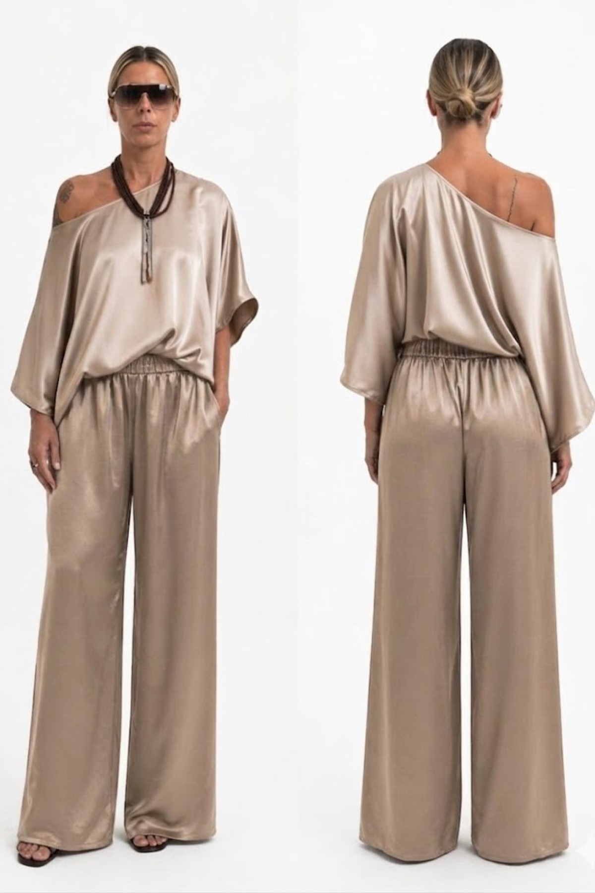Loose fit pants with elastic waist band.  Wear it with the matching top