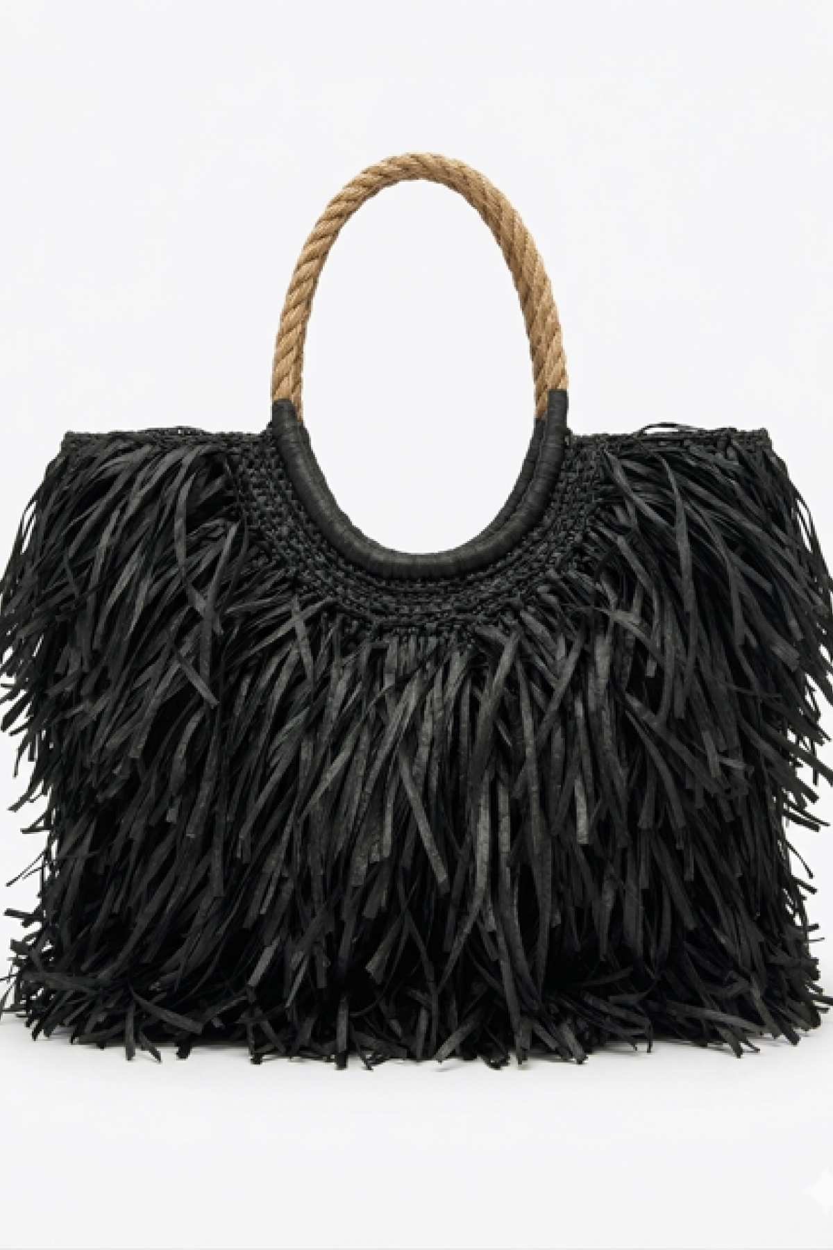 Ψάθινη τσάντα tote με πλούσια κρόσσια (Raffia Style)