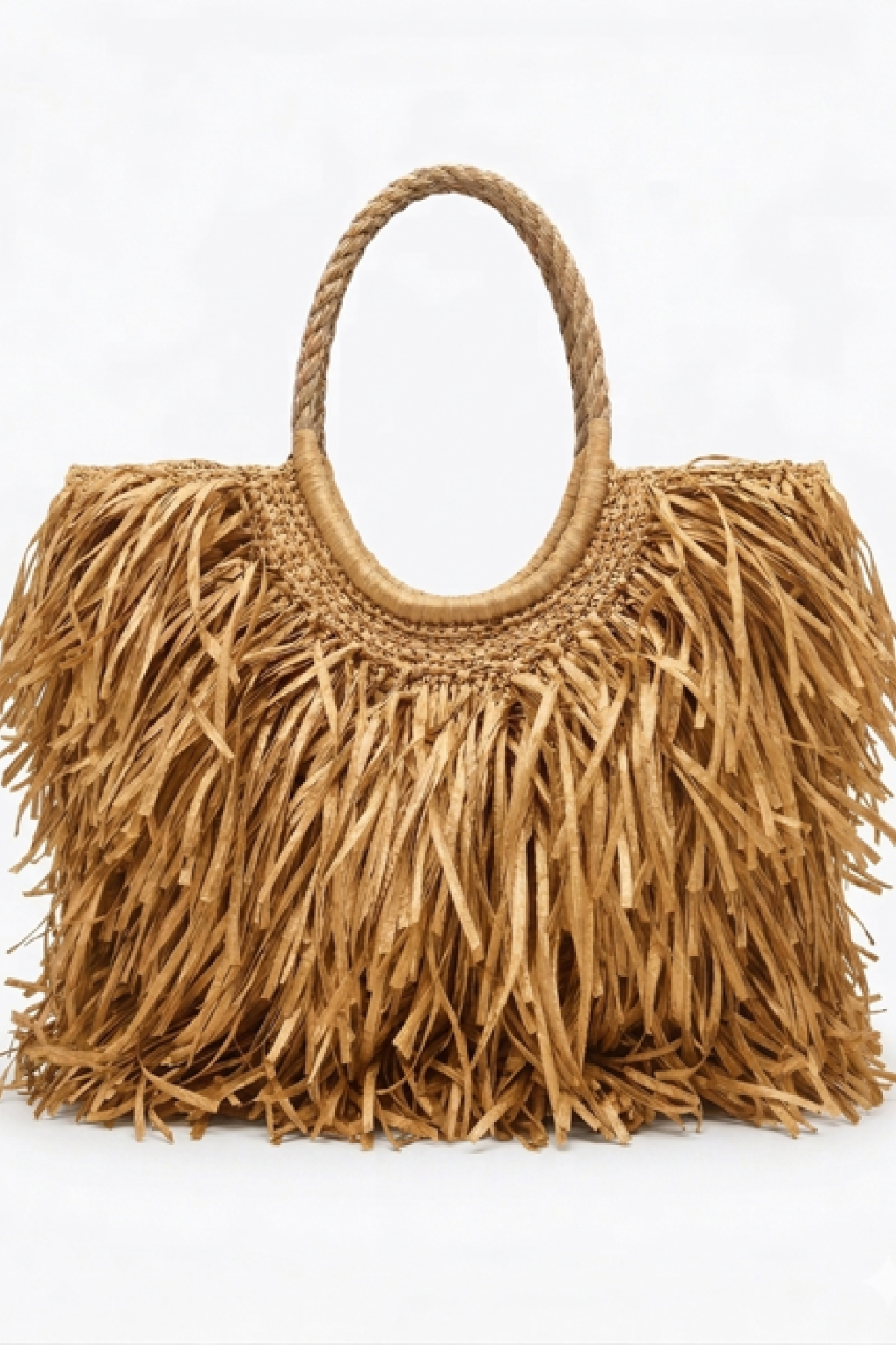 Ψάθινη τσάντα tote με πλούσια κρόσσια (Raffia Style)