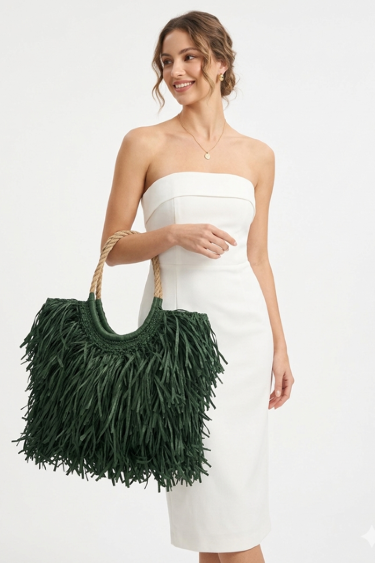 Ψάθινη τσάντα tote με πλούσια κρόσσια (Raffia Style)