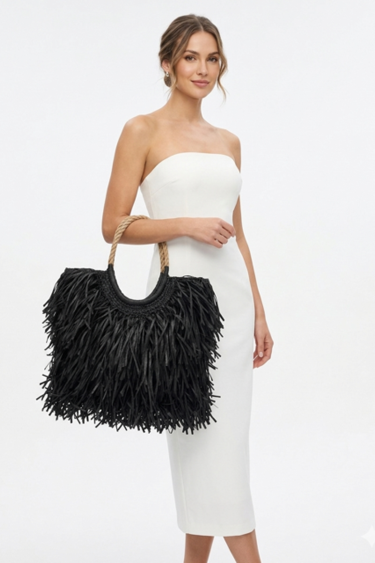 Ψάθινη τσάντα tote με πλούσια κρόσσια (Raffia Style)