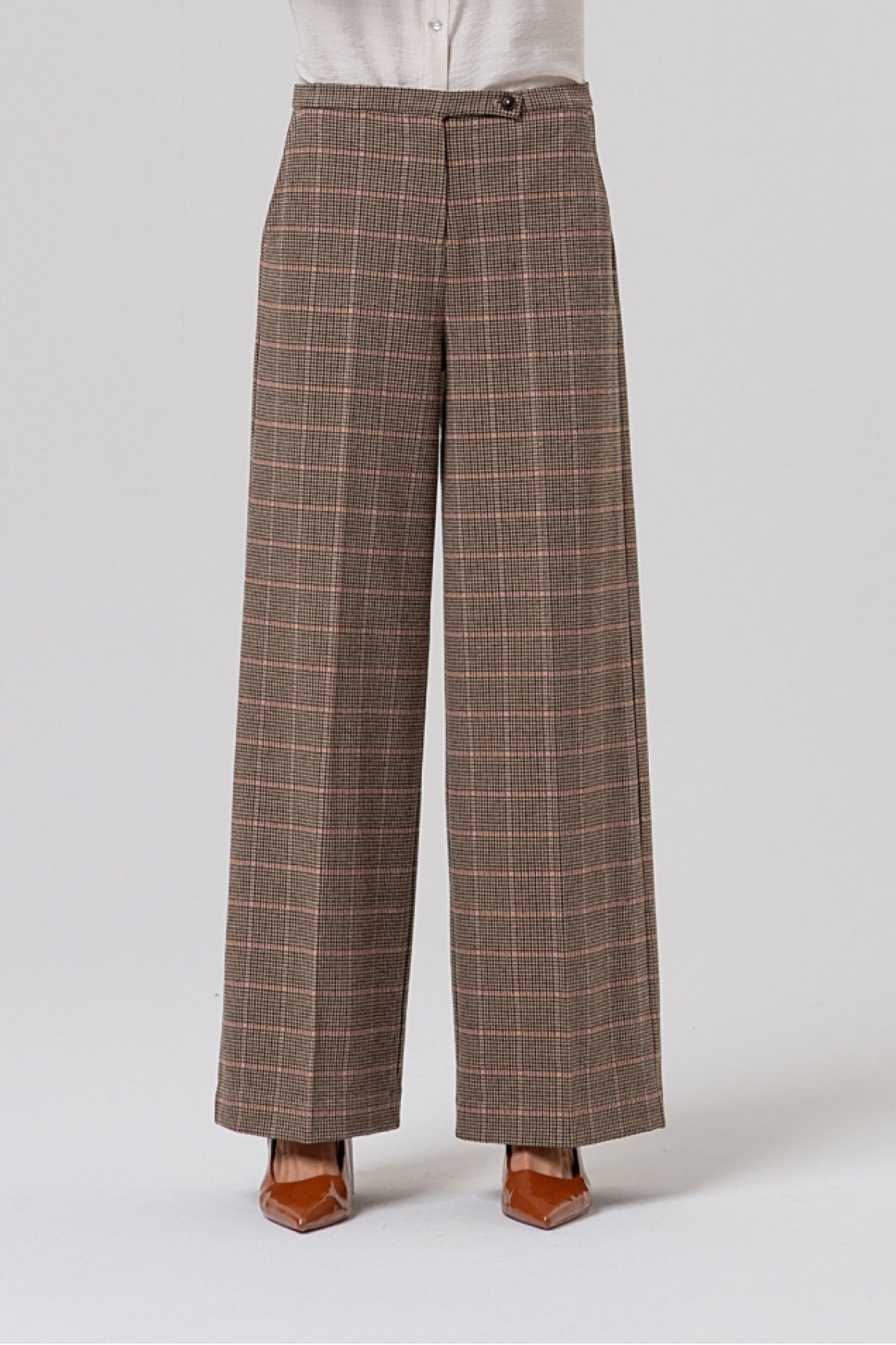 High-Waisted Wide Leg Checked Trousers