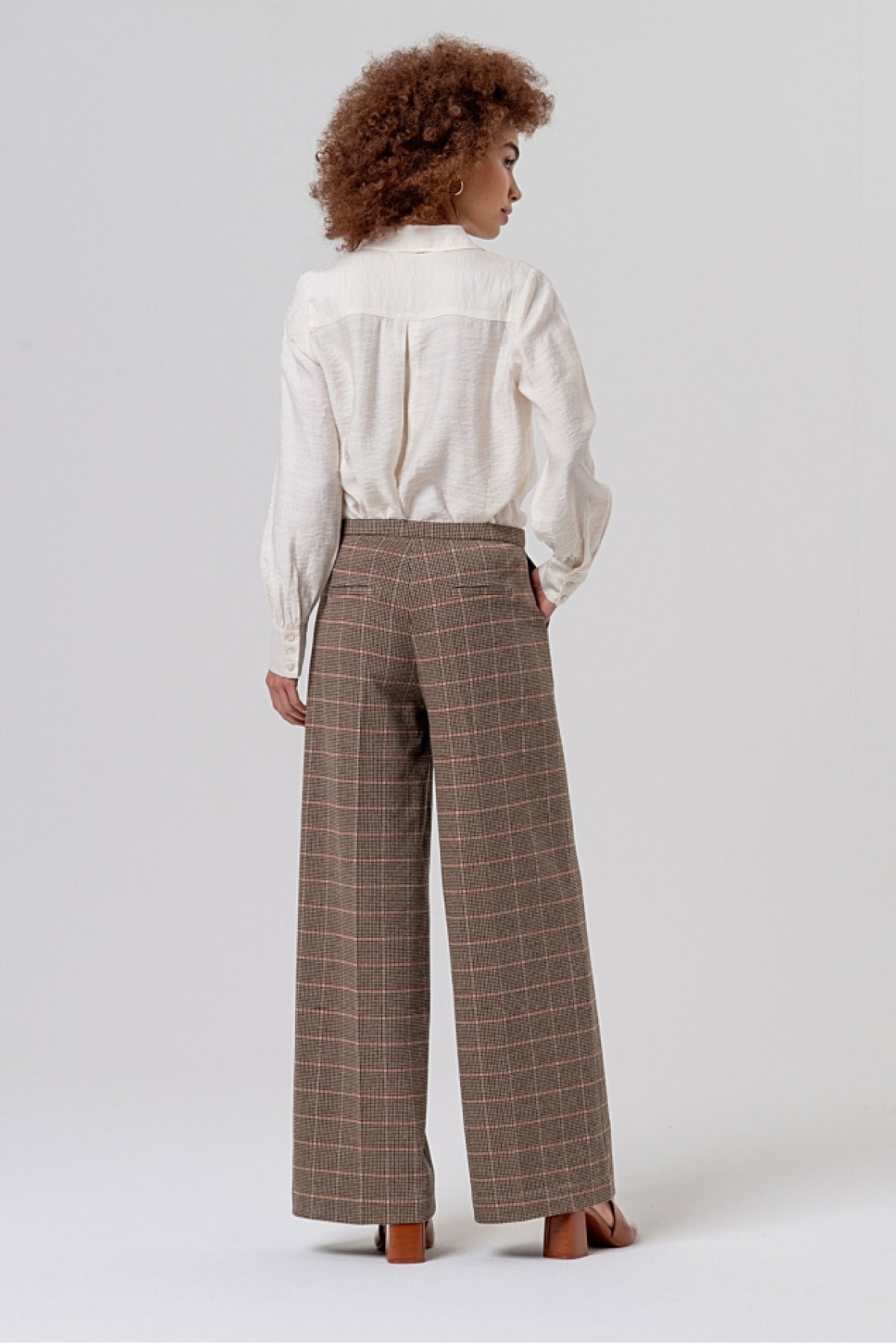 High-Waisted Wide Leg Checked Trousers