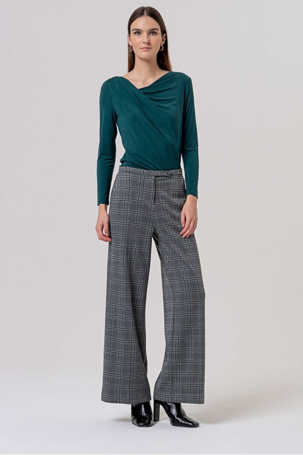 High-Waisted Wide Leg Checked Trousers