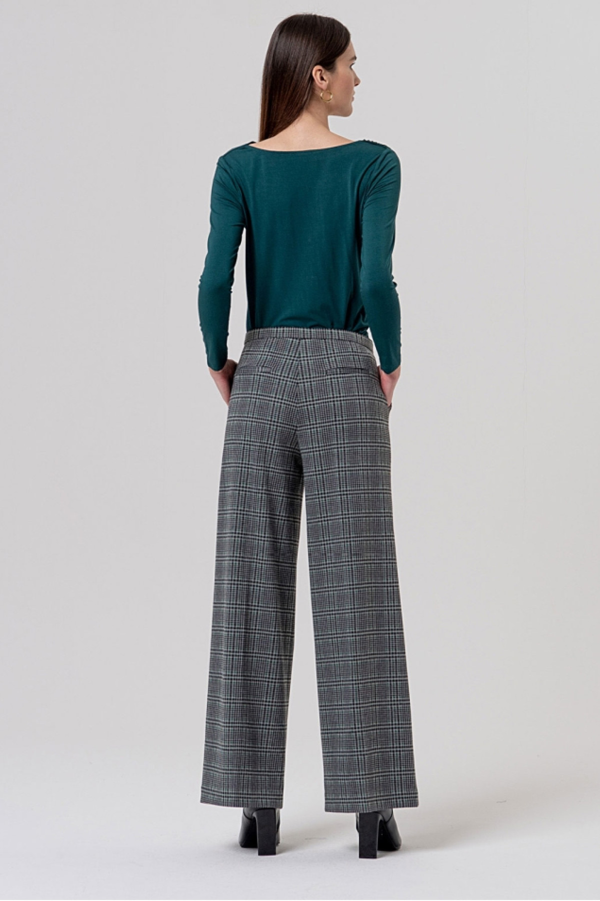 High-Waisted Wide Leg Checked Trousers