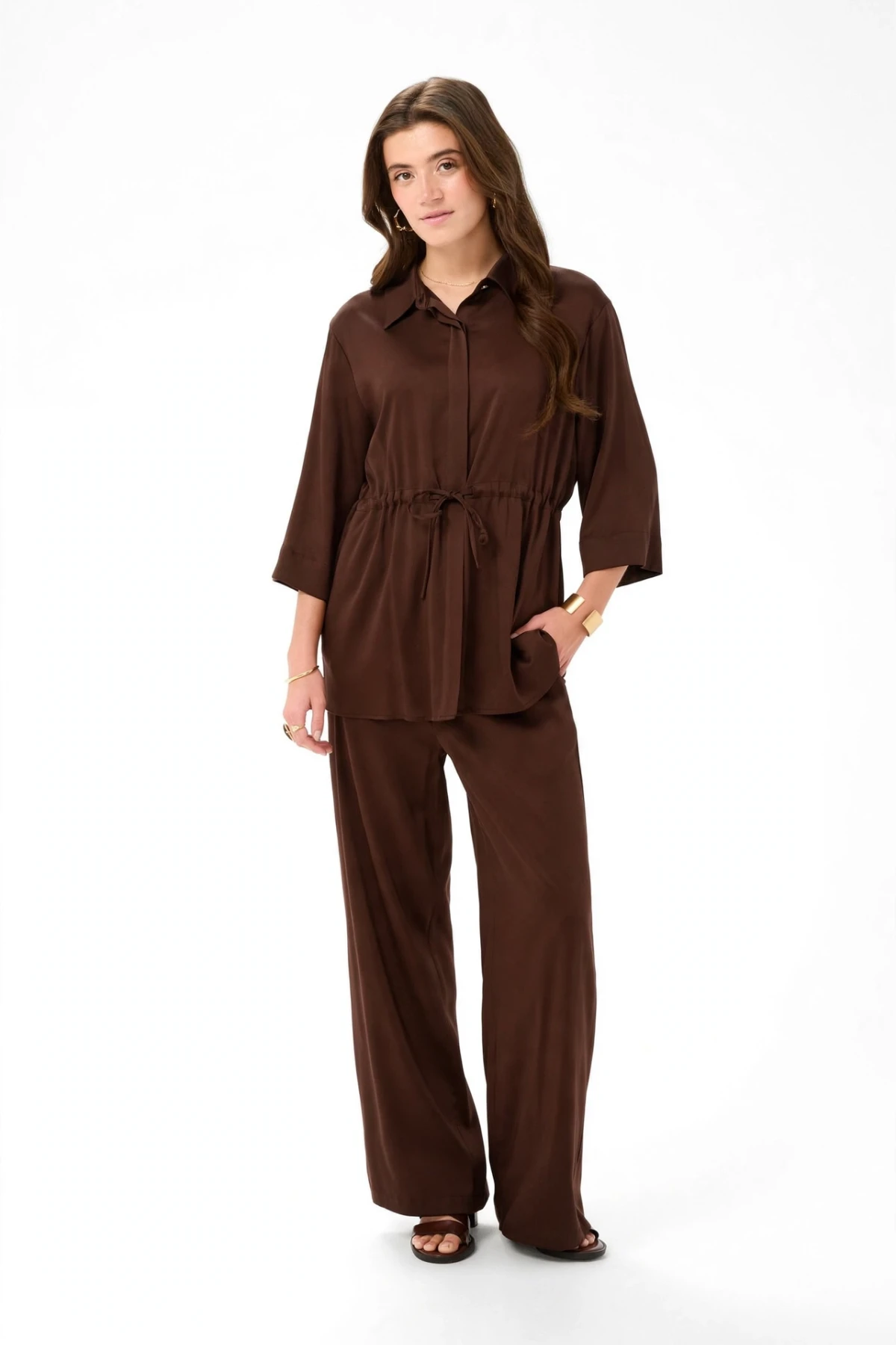 Satin shirt with drawstring waist