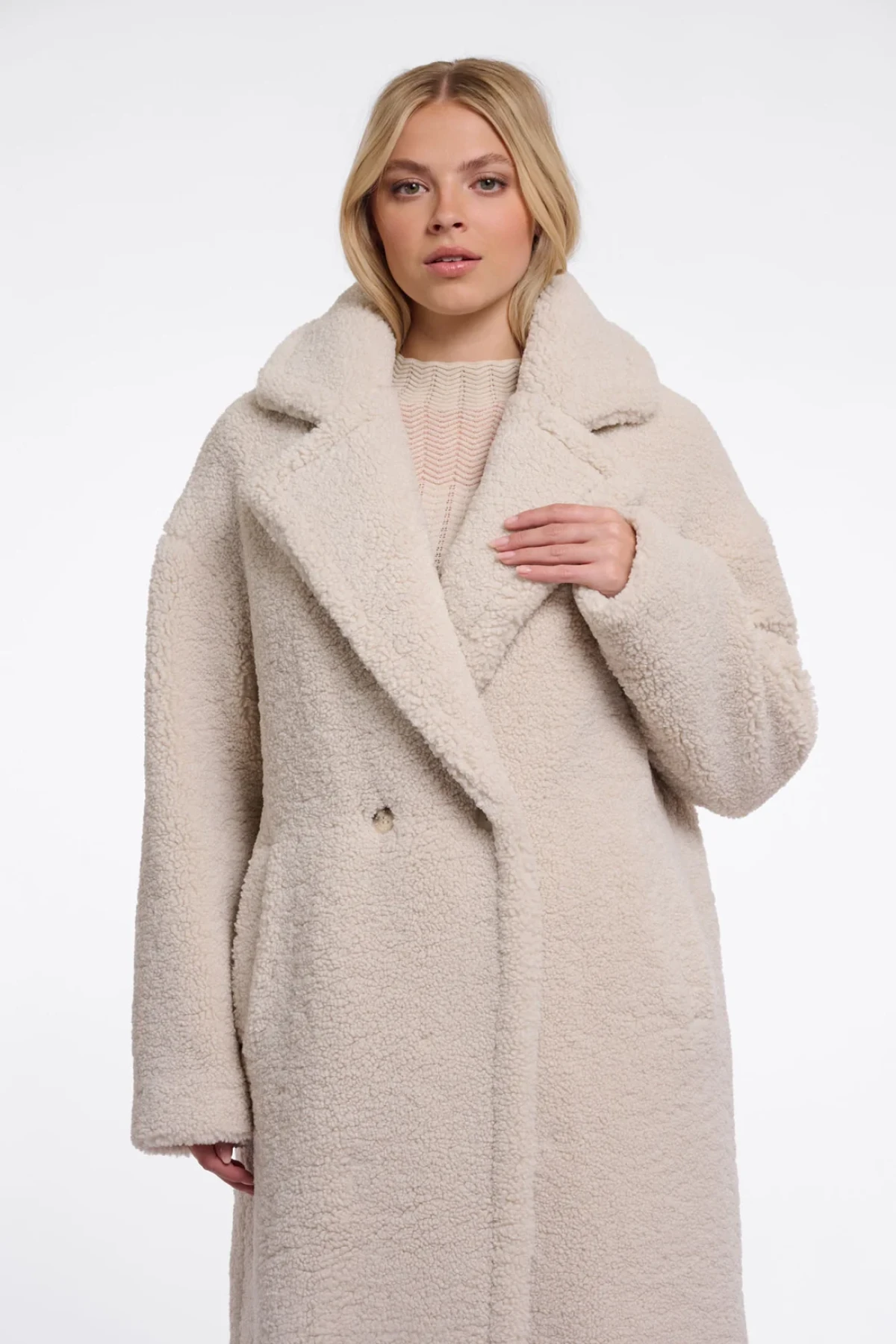 Long Teddy Coat with Lapel Collar - Ecru