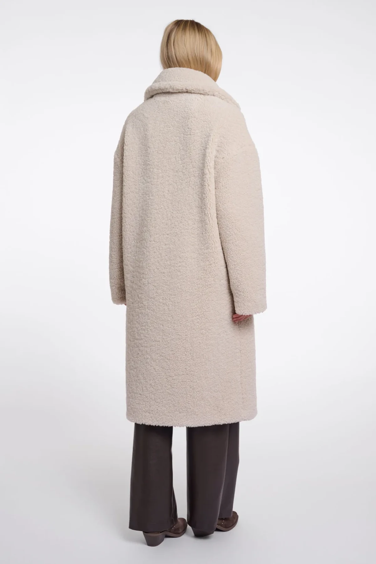 Long Teddy Coat with Lapel Collar - Ecru