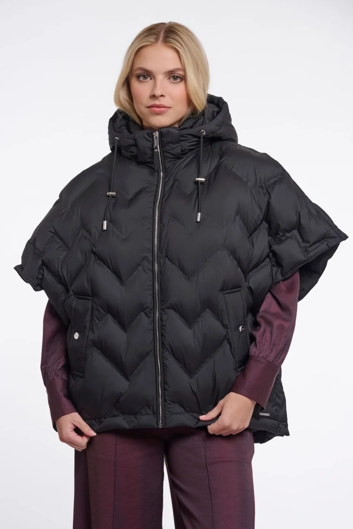 Quilted Puffer Cape Jacket with Hood