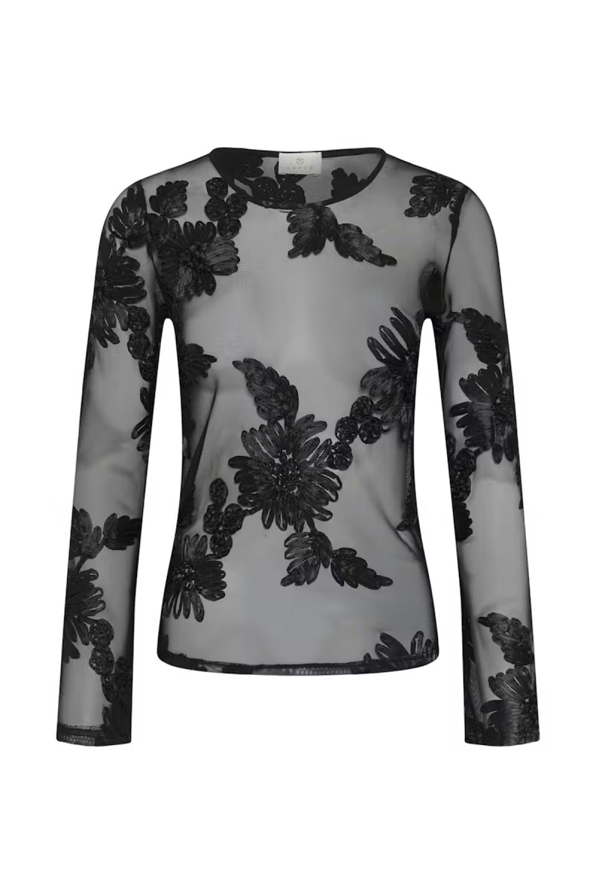 Sheer top with 3D floral appliqué - Black