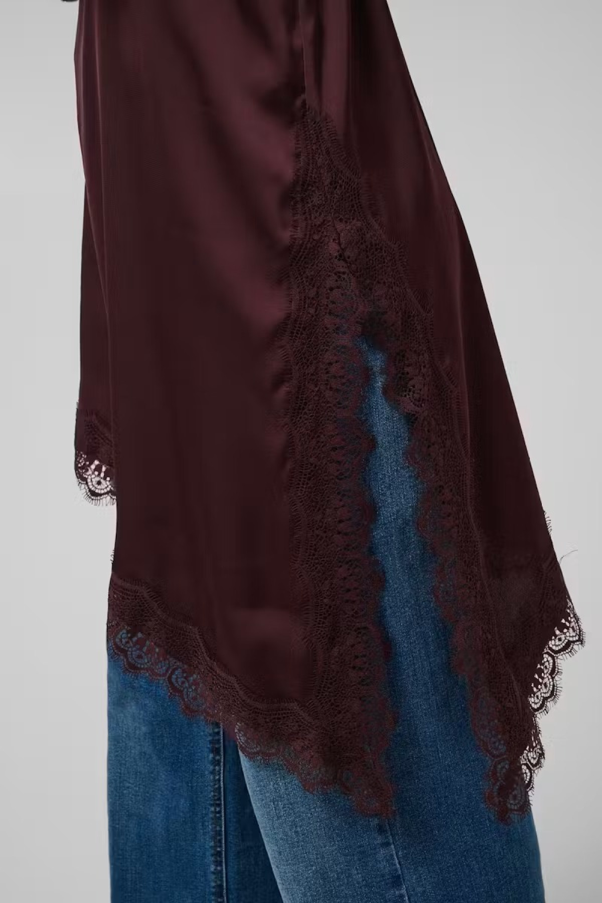 Satin Top with Lace & Asymmetrical Hem - Bordeaux