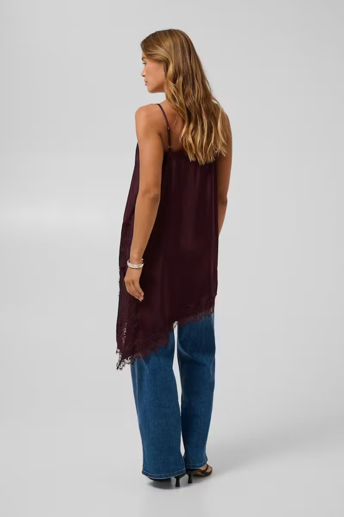 Satin Top with Lace & Asymmetrical Hem - Bordeaux