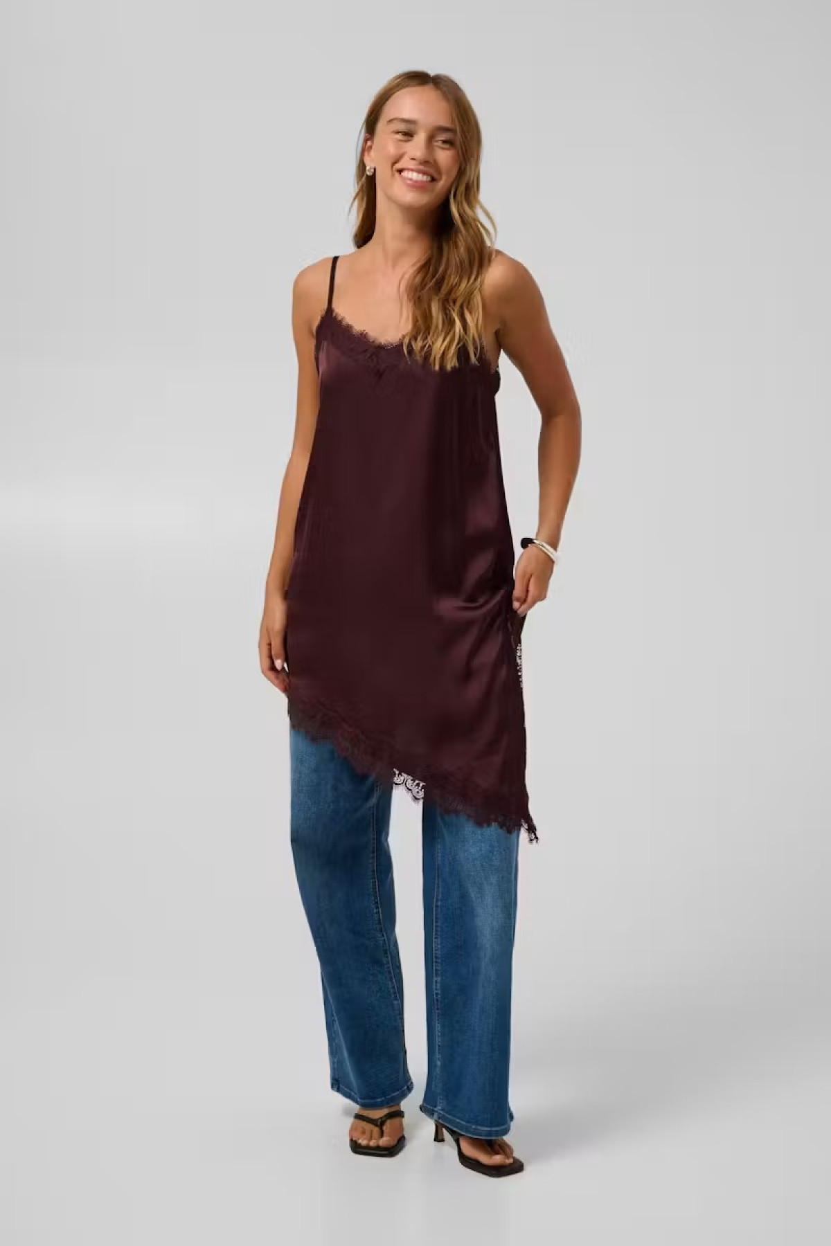 Satin Top with Lace & Asymmetrical Hem - Bordeaux