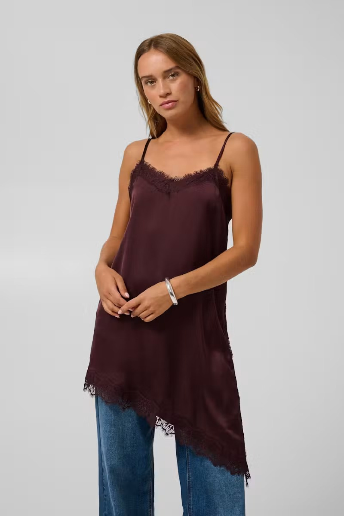 Satin Top with Lace & Asymmetrical Hem - Bordeaux