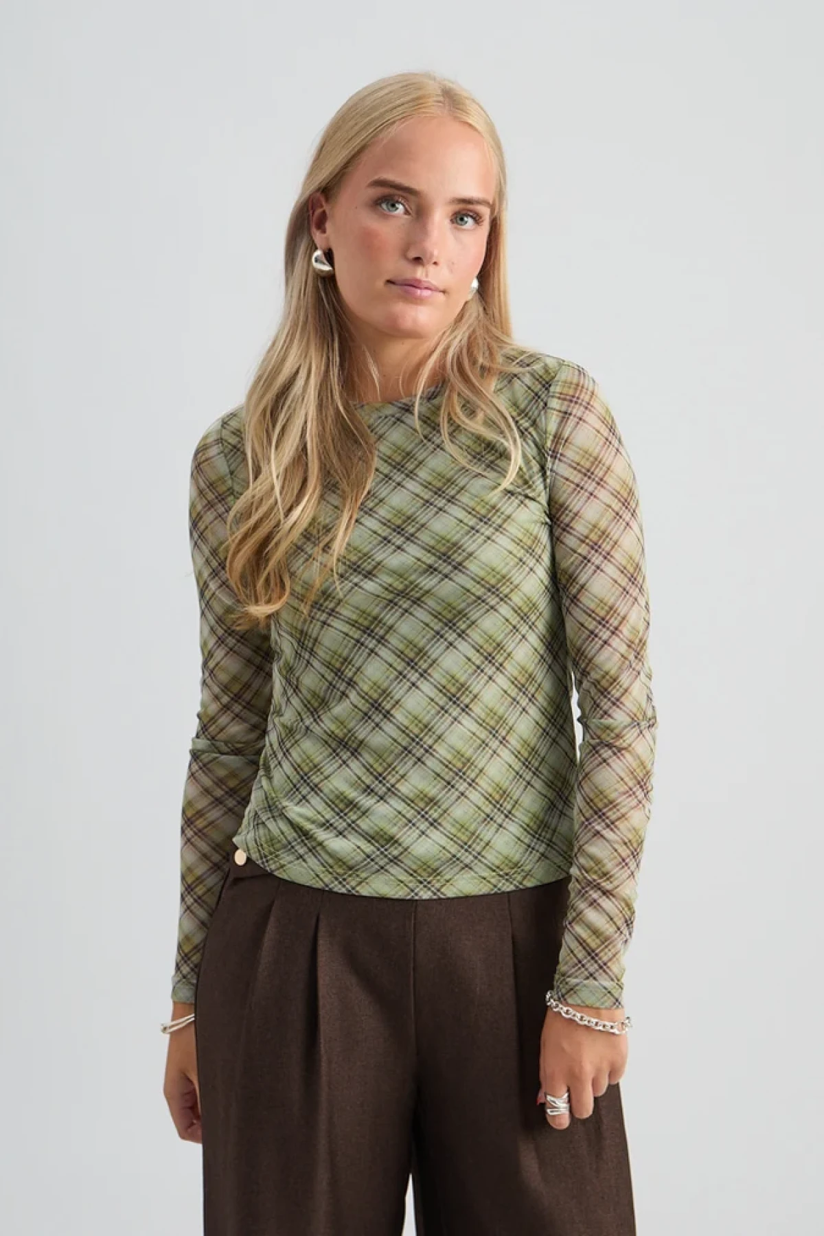Mesh Long Sleeve Top - Green Check