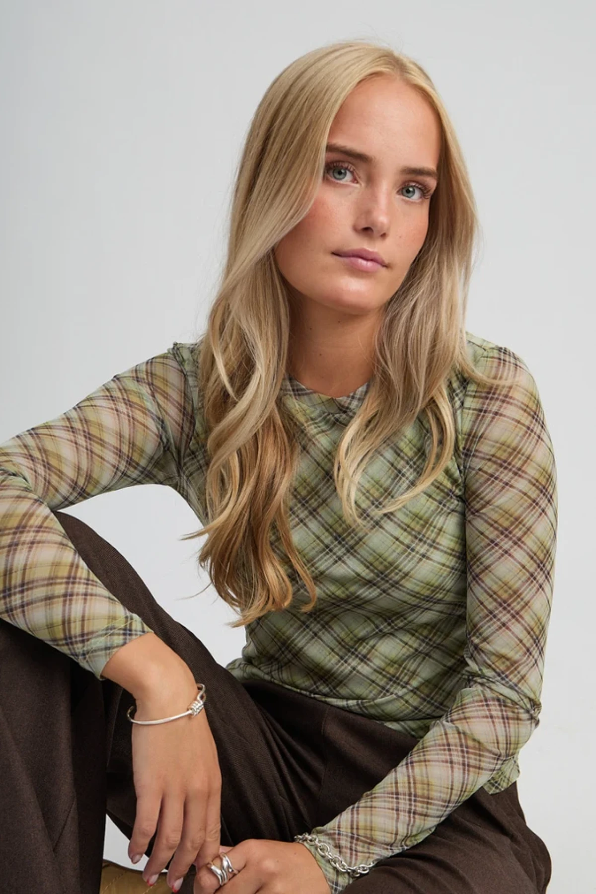 Mesh Long Sleeve Top - Green Check