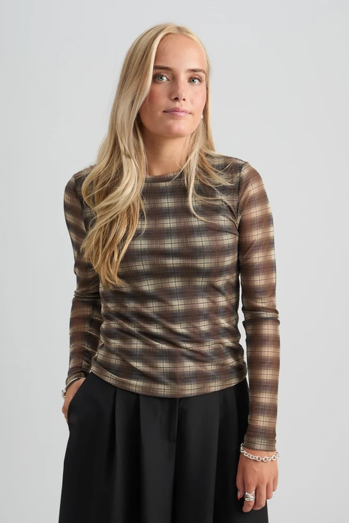 Mesh Long Sleeve Top - brown Check