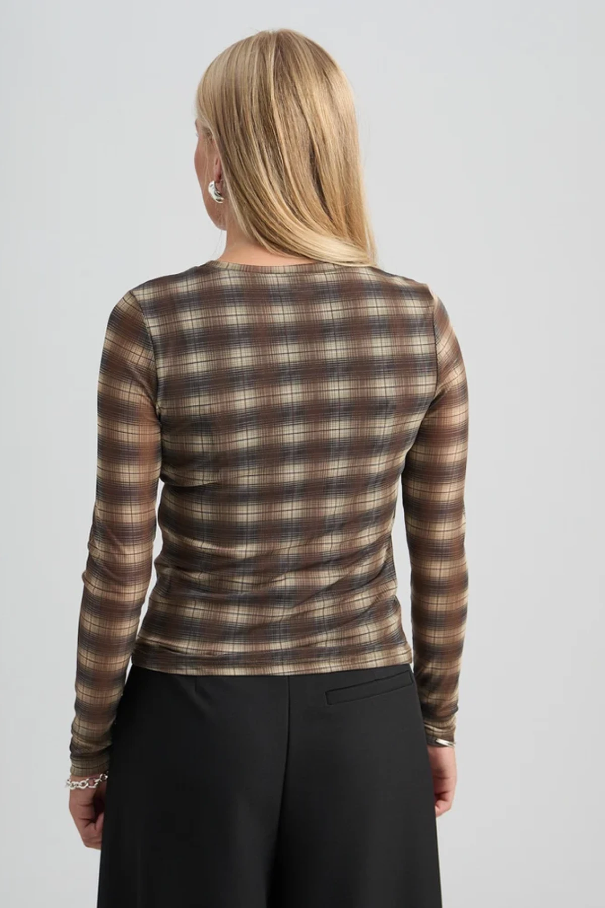 Mesh Long Sleeve Top - brown Check