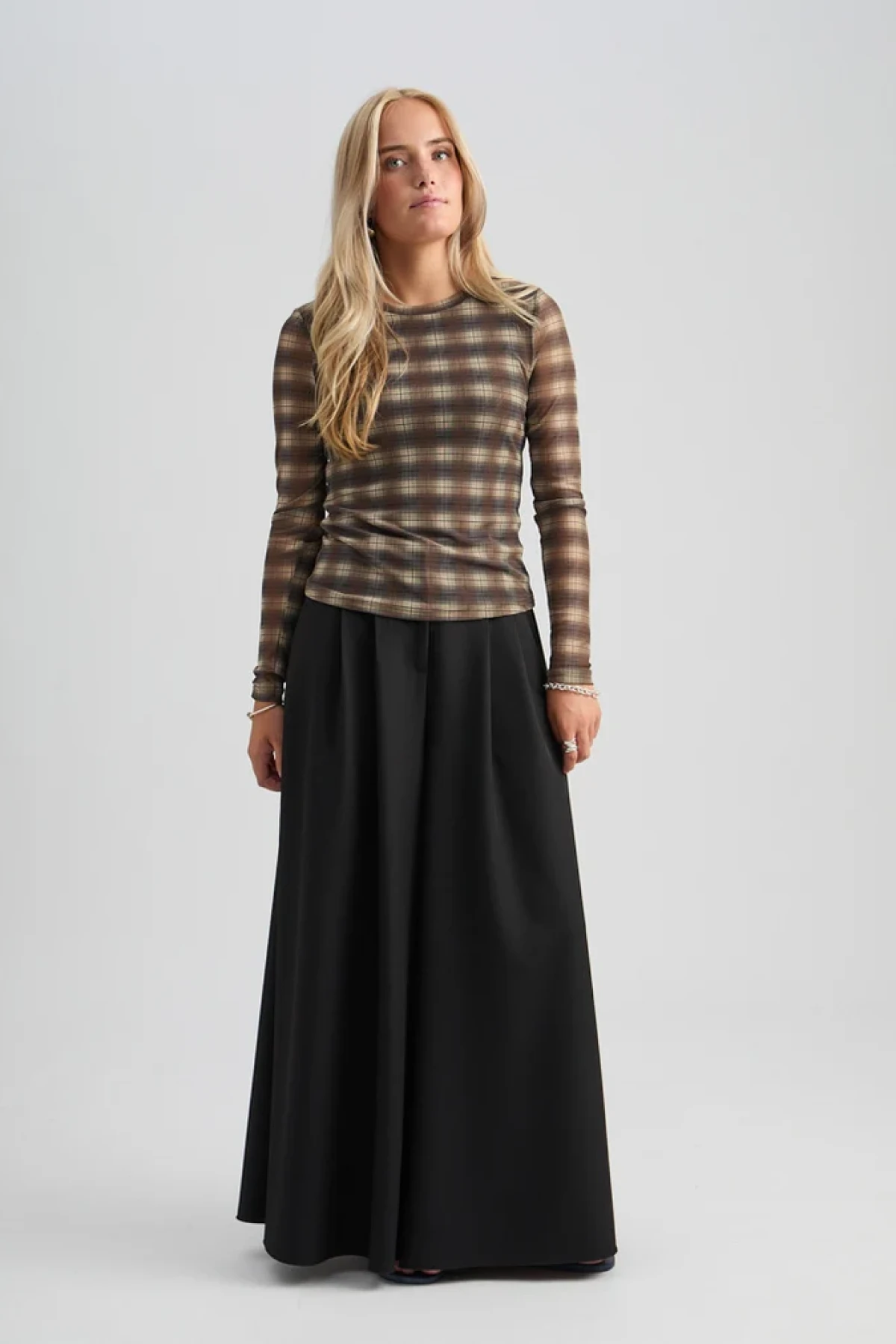Mesh Long Sleeve Top - brown Check