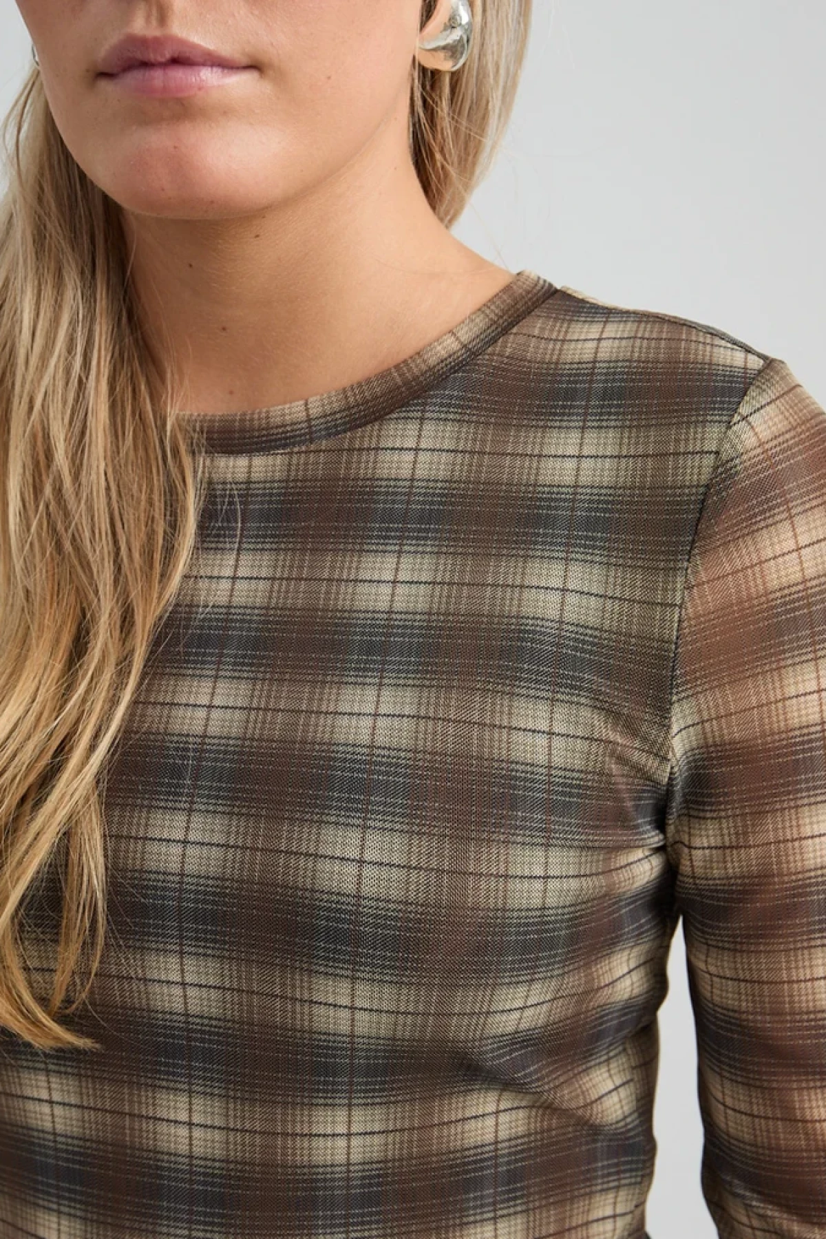 Mesh Long Sleeve Top - brown Check