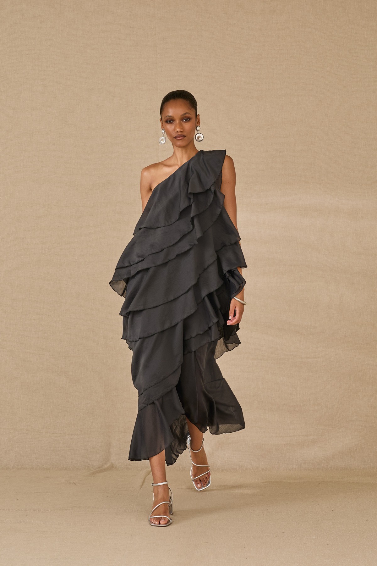 One shoulder maxi dress with ruffles