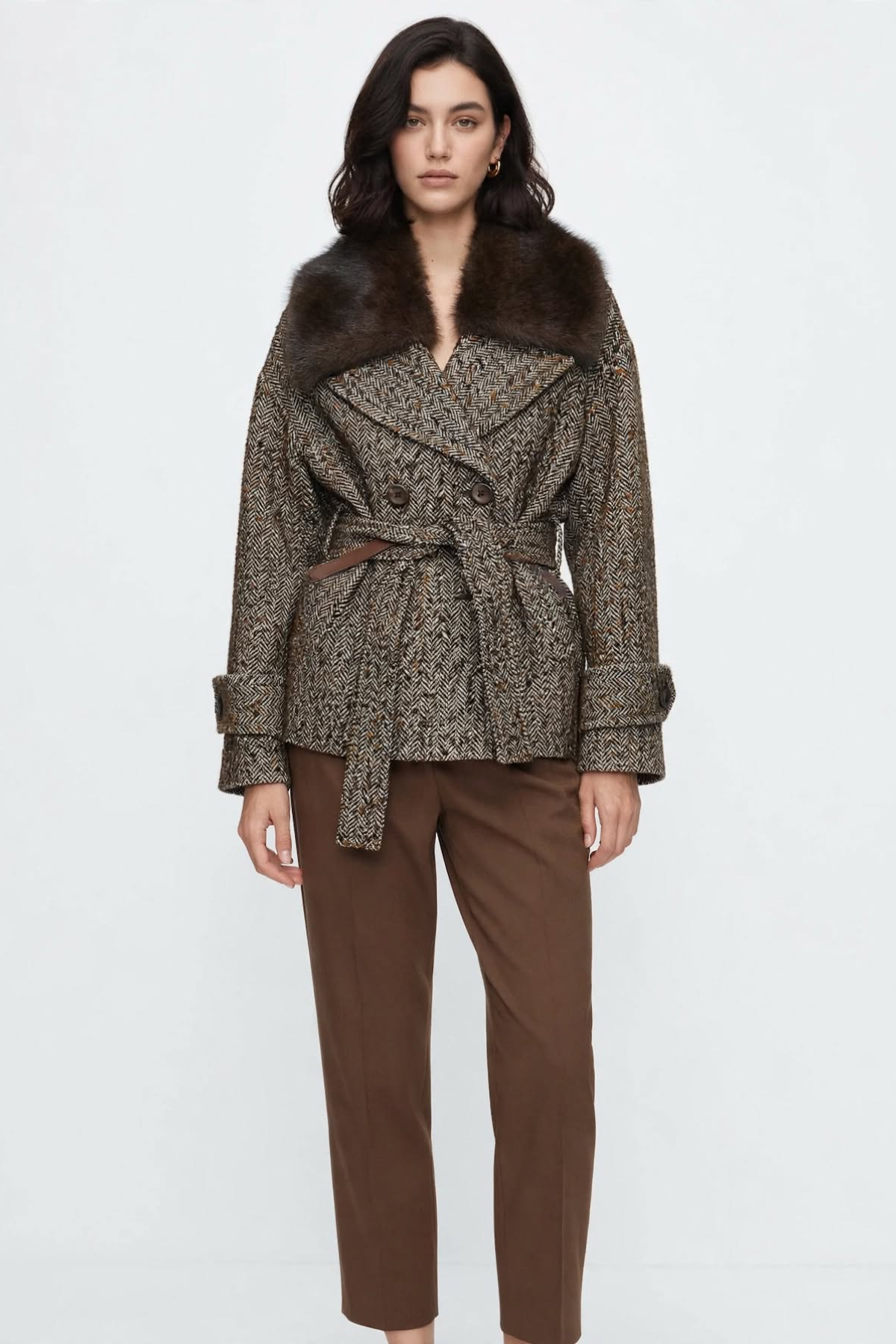 Cropped Tweed Jacket with Faux Fur Collar and Belt