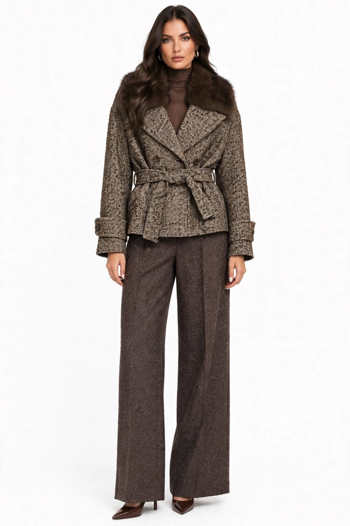 Cropped Tweed Jacket with Faux Fur Collar and Belt