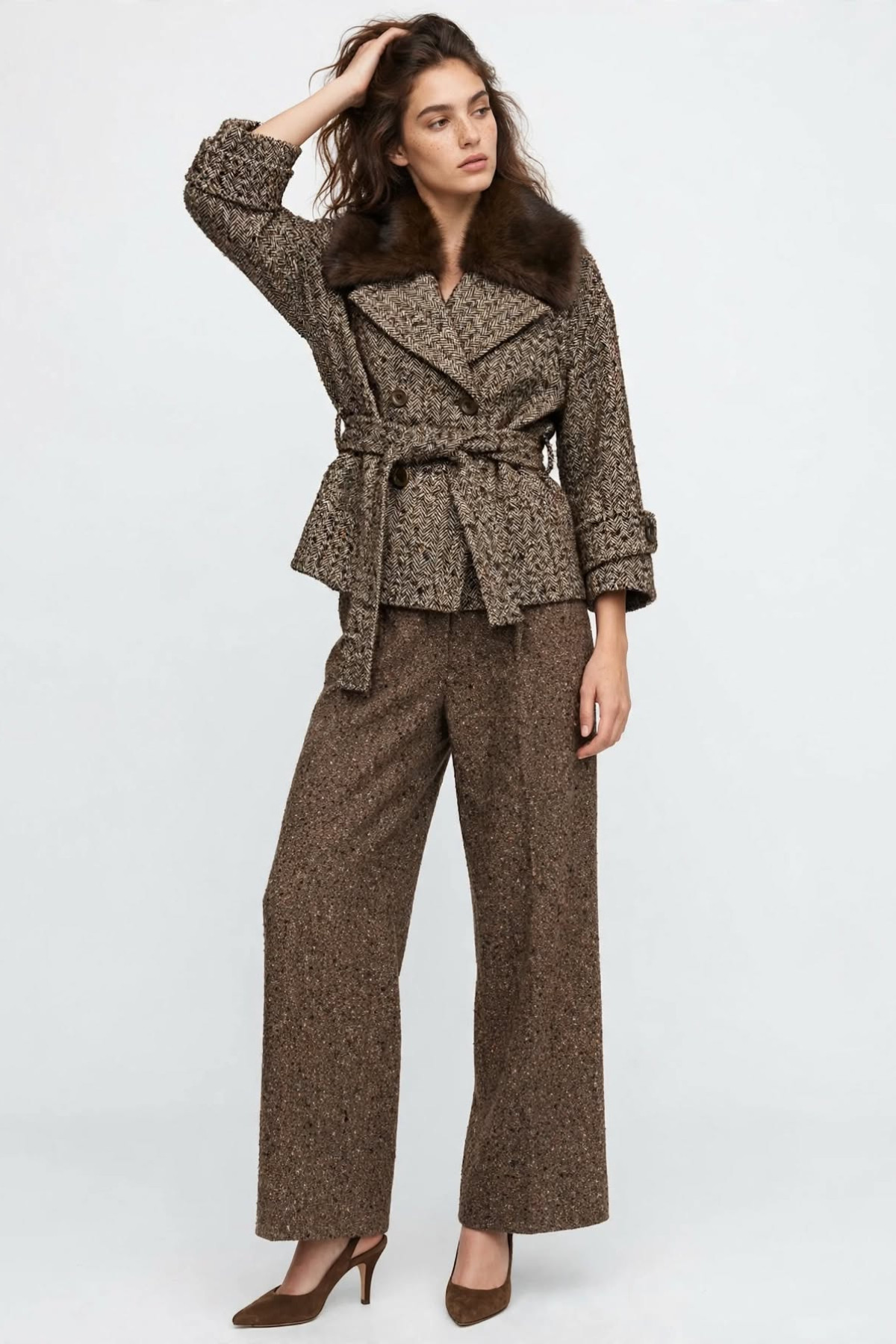 Cropped Tweed Jacket with Faux Fur Collar and Belt
