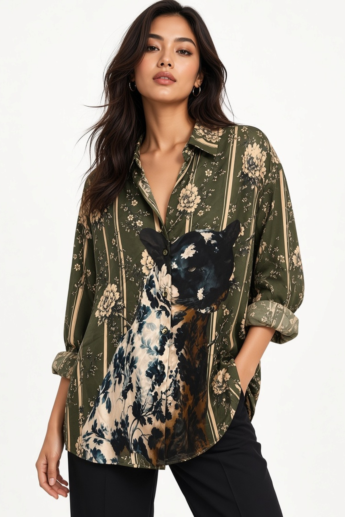 Oversized πουκάμισο  με Floral Ρίγα & Panther Print