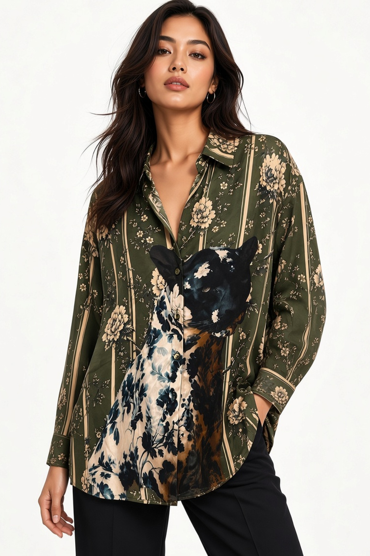 Oversized πουκάμισο  με Floral Ρίγα & Panther Print