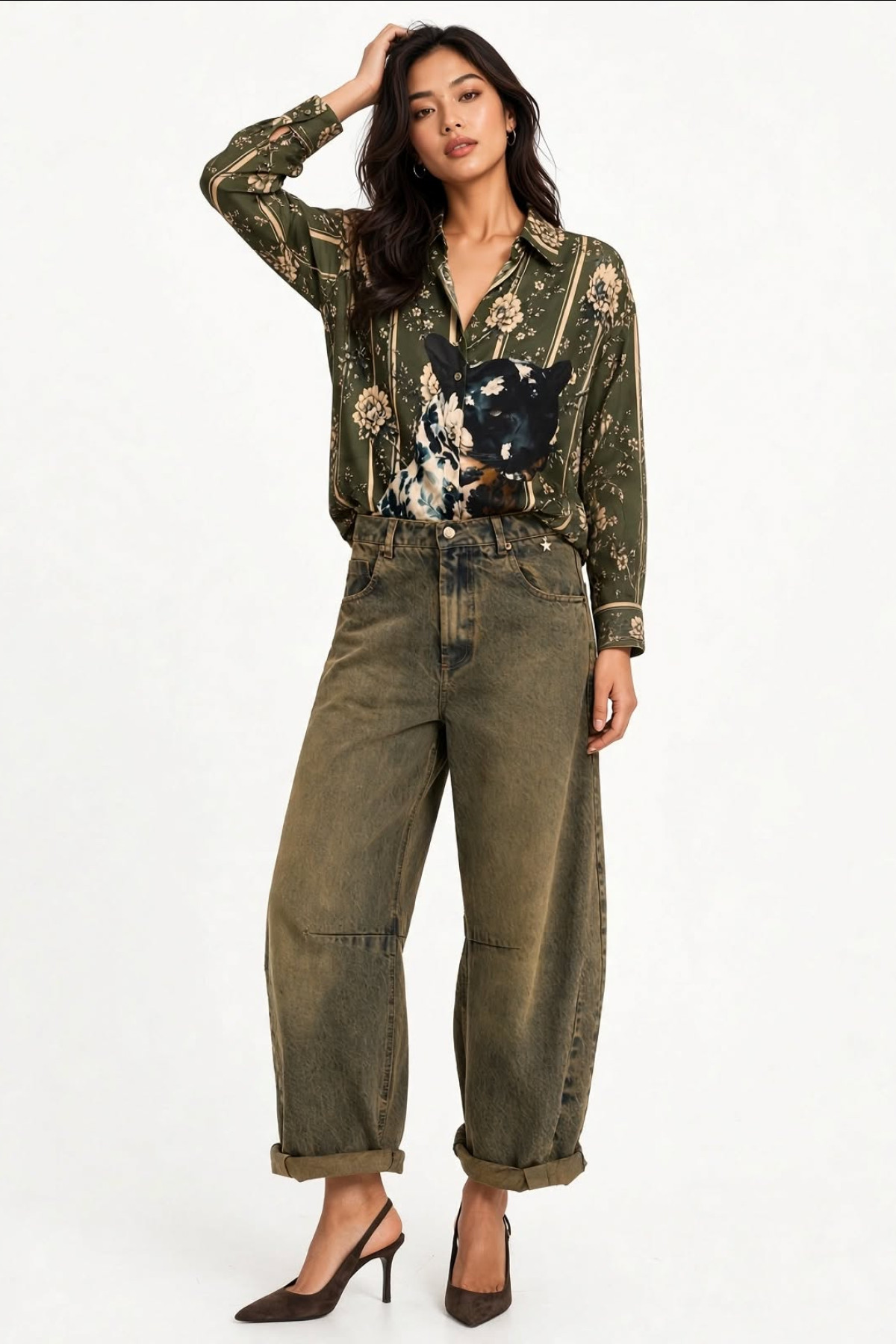 Oversized πουκάμισο  με Floral Ρίγα & Panther Print