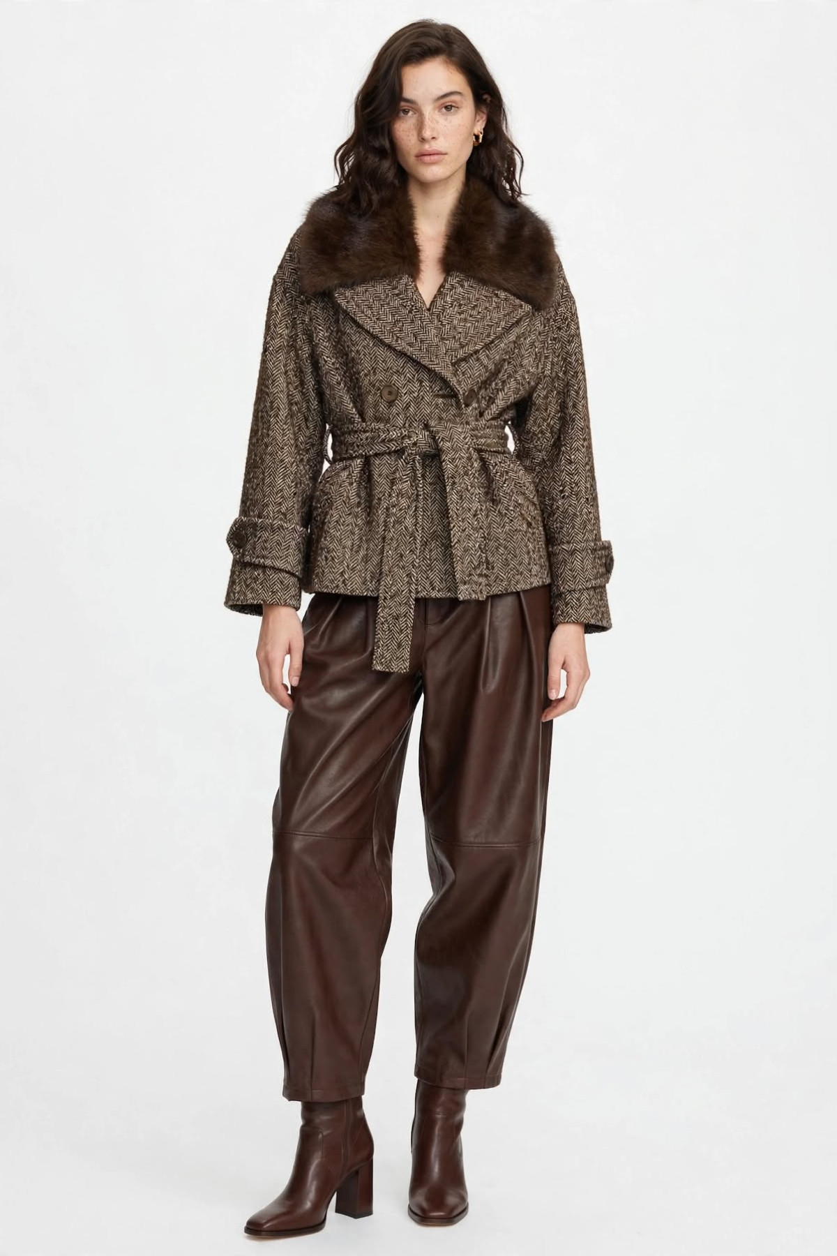 Cropped Tweed Jacket with Faux Fur Collar and Belt