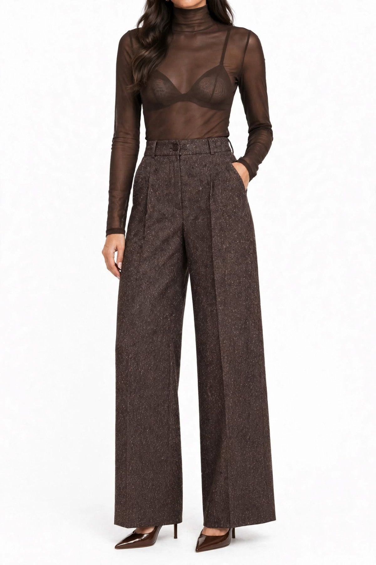 Brown Tweed Wide-Leg Pants