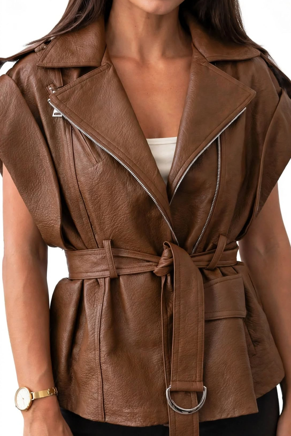 Αμάνικο γιλέκο eco leather με ζώνη