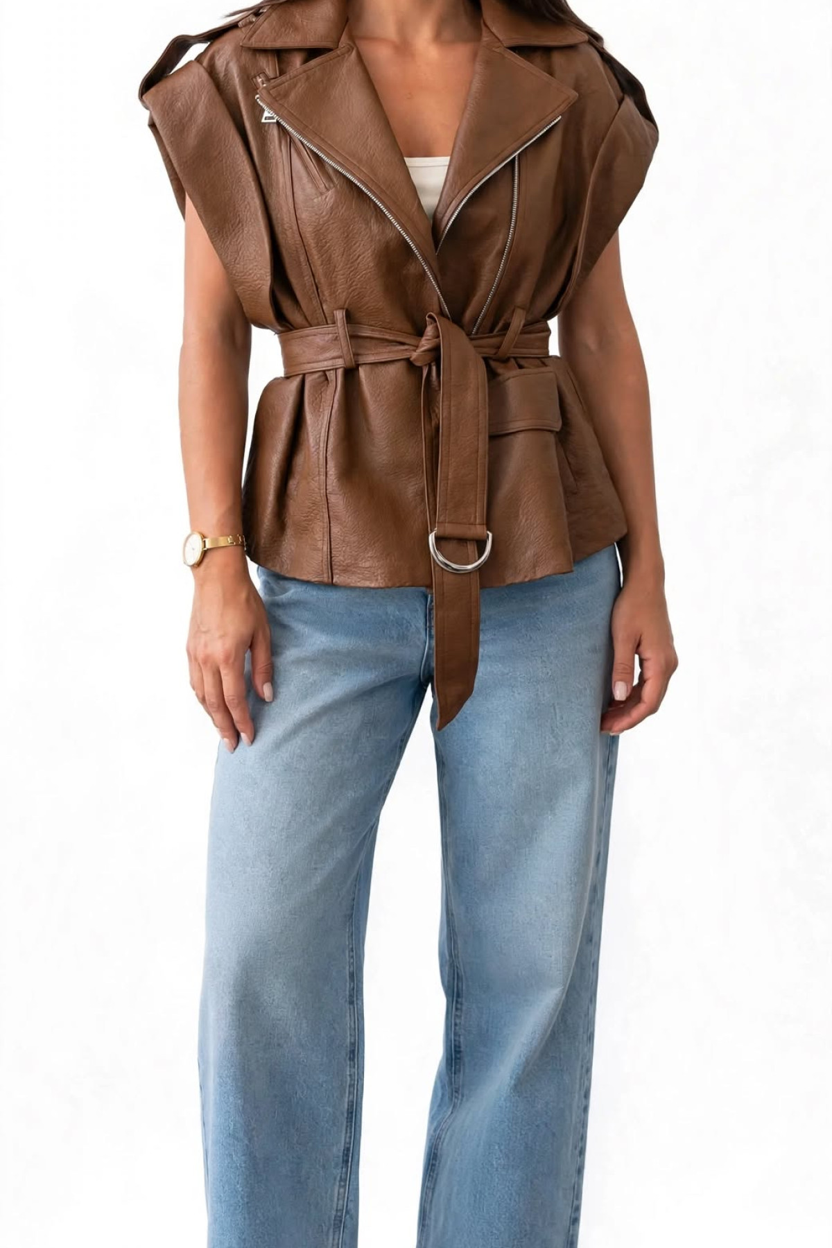 Αμάνικο γιλέκο eco leather με ζώνη